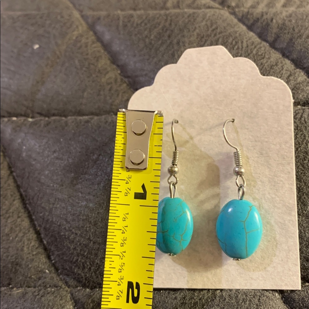 Simple Faux turquoise bead 1.5” dangly earrings w stainless wires - Picture 2 of 3